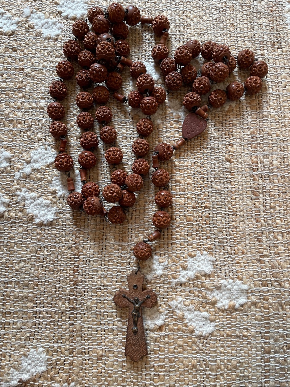 Vintage Large 50 Inch French Roseary Carved Corozo Beads Wooden Cross
